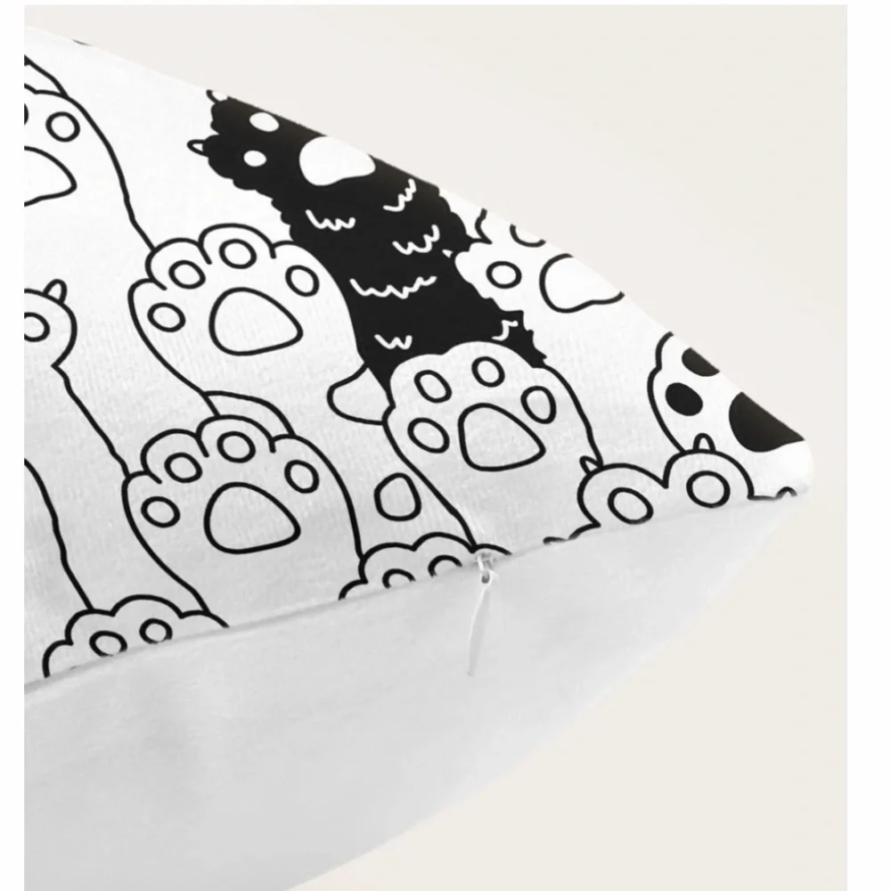 Pillow Cover Cat Paw Print Zip Closure Deco Large Black White Square 17.7 inch